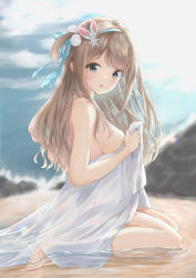 Rule 34 | 1girl, :o, absurdres, bare shoulders, blonde hair, blue eyes, blue hairband, blue ribbon, blurry, blurry background, breasts, girls&#039; frontline, hair ornament, hairband, highres, holding, holding towel, in water, lanzi (lanzi vt), large breasts, long hair, looking at viewer, naked towel, one side up, open mouth, ribbon, seiza, sideboob, sidelocks, sitting, snowflake hair ornament, solo, suomi (girls&#039; frontline), towel
