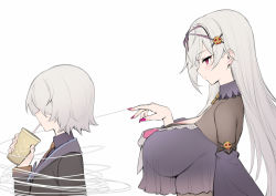 Rule 34 | 1boy, 1girl, black jacket, bow, breasts, captured, dress, drinking, from side, grey hair, hair ornament, haoni, highres, huge breasts, jacket, long hair, looking at another, mole, mole under eye, nail polish, necktie, orange necktie, original, purple dress, purple shirt, red eyes, red nails, see-through, shirt, skull hair ornament, upper body