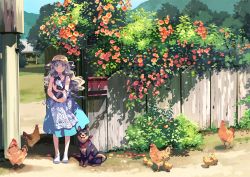 Rule 34 | 1girl, animal, apron, bf. (sogogiching), bird, black shirt, blue eyes, blue skirt, blush, cat, chick, chicken, commentary request, day, dog, fence, flower, grey hair, hat, holding, holding animal, holding cat, long hair, looking at viewer, mailbox (incoming mail), original, outdoors, red flower, shirt, skirt, smile, solo, standing, waist apron, wavy hair, white footwear, wooden fence