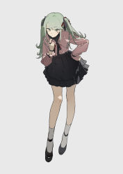 Rule 34 | 1girl, absurdres, black footwear, black mask, black ribbon, black skirt, bracelet, closed mouth, expressionless, frilled shirt, frills, full body, green eyes, green hair, grey background, hair ornament, hair ribbon, hand on own hip, hatsune miku, heart, heart hair ornament, heart o-ring, high-waist skirt, highres, jewelry, jirai kei, long hair, long sleeves, looking at viewer, mask pull, neck ribbon, o-ring, pink shirt, ribbon, shadow, shirt, sidelocks, simple background, skirt, solo, standing, swept bangs, thighs, twintails, vampire (vocaloid), vocaloid, zhibuji loom