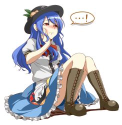 Rule 34 | !, 1girl, blue hair, blush, boots, cross-laced footwear, female focus, food, fruit, full body, hand on own cheek, hand on own face, hat, hinanawi tenshi, jurakin, lace-up boots, peach, red eyes, sitting, solo, tears, touhou, transparent background