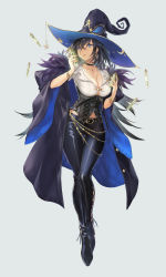 Rule 34 | 1girl, absurdres, belt, between breasts, black coat, black footwear, black hat, black pants, blue coat, blue eyes, blue hat, boots, bracelet, breasts, chain, choker, cleavage, coat, collared shirt, crescent, earrings, flipped hair, full body, fur trim, grey background, hair between eyes, hat, hat ornament, herb, herbarium, highres, holding, jewelry, long hair, medium breasts, navel, necklace, original, pants, parted lips, pendant, ring, shirt, simple background, solo, standing, star (symbol), tamu (tamurarucaffe1226), test tube, thigh gap, underbust, very long hair, white shirt, wide sleeves, witch, witch hat