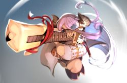 Rule 34 | 1girl, absurdres, bare shoulders, belt, blue eyes, blurry, braid, breasts, brown belt, cape, commentary request, depth of field, fingerless gloves, foreshortening, gloves, granblue fantasy, hair ornament, highres, holding, holding sword, holding weapon, horns, large breasts, long hair, narmaya (granblue fantasy), naze, pink hair, red ribbon, ribbon, sheath, shirt, sideboob, sleeveless, sleeveless shirt, sword, thighs, unsheathing, weapon, white cape, white shirt