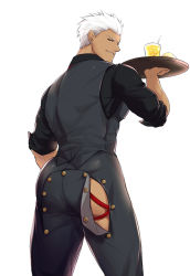 Rule 34 | 1boy, abs, archer (fate), ass, ass focus, bara, biceps, chachi (soulga), collared shirt, fate (series), glass, ice, jacket, juice, leather, leather jacket, leather pants, looking back, male focus, male underwear, male underwear peek, manly, mature male, muscular, muscular male, open fly, pants, pectorals, shirt, smirk, solo, spiked hair, tan, tight clothes, unbuttoned, underwear, white hair, yellow eyes