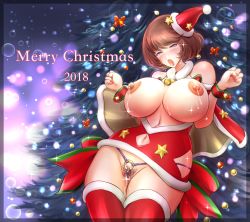 Rule 34 | 1girl, 2018, blush, breasts, breasts out, brown hair, christmas, clothing cutout, female pubic hair, hat, highres, huge breasts, lactation, merry christmas, navel, navel cutout, nipples, open mouth, original, pubic hair, purple eyes, pussy juice, revealing clothes, santa hat, short hair, solo, sonota taisei, thighhighs, tongue, tongue out, wrist cuffs
