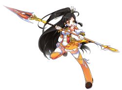 Rule 34 | 1girl, :o, absurdres, ara haan, black hair, detached sleeves, elsword, eyeshadow, fox hair ornament, full body, hair ornament, hair stick, half updo, highres, holding, holding polearm, holding spear, holding weapon, little xia (elsword), long hair, looking to the side, makeup, official art, open mouth, orange eyes, orange skirt, orange thighhighs, polearm, ponytail, sando (dukedevil), skirt, solo, spear, standing, standing on one leg, tassel, thighhighs, transparent background, weapon, zettai ryouiki