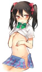 Rule 34 | 10s, 1girl, black hair, bow, clothes lift, cowboy shot, gmanee, hair bow, highres, looking at viewer, love live!, love live! school idol project, navel, no panties, red eyes, school uniform, shirt lift, short hair, sitting, sketch, skirt, solo, twintails, white background, yazawa nico
