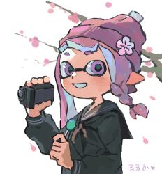 Rule 34 | 1girl, beanie, braid, branch, camcorder, camera, cherry blossoms, commentary request, falling petals, hat, highres, holding, holding camera, inkling, inkling girl, inkling player character, long hair, looking at viewer, miko (15476997), nintendo, petals, pointy ears, purple eyes, purple hair, purple hat, simple background, single braid, smile, solo, splatoon (series), splatoon 3, teeth, tentacle hair, translation request, upper body, video camera, white background