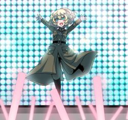 Rule 34 | 1girl, :d, black footwear, blonde hair, blue eyes, boots, closed mouth, coat, concert, cross, facing viewer, full body, gloves, green coat, green pants, hal (goshujinomocha), iron cross, leg up, long sleeves, looking at viewer, military, military coat, military uniform, open mouth, outstretched arms, pants, pants tucked in, short hair, smile, solo, stage, standing, standing on one leg, tanya degurechaff, uniform, white gloves, youjo senki