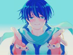 Rule 34 | 1boy, blue background, blue eyes, blue hair, blue nails, blue scarf, blurry, blush, closed mouth, coat, depth of field, fingernails, gradient background, kaito (vocaloid), looking at viewer, male focus, nail polish, outstretched arms, popped collar, scarf, simple background, smile, solo, tareme, upper body, vocaloid, xhinokox