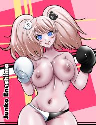 Rule 34 | 1girl, abstract background, animal hair ornament, bear hair ornament, black gloves, black panties, blonde hair, blue eyes, blush, boxing gloves, breasts, character name, collarbone, danganronpa: trigger happy havoc, danganronpa (series), eartheas, english text, enoshima junko, gloves, hair ornament, hand up, highres, long hair, multicolored clothes, multicolored gloves, multicolored panties, navel, open mouth, panties, panties only, pink background, shiny clothes, shiny skin, standing, striped, striped background, teeth, tongue, topless, twintails, underwear, upper teeth only, white gloves, white panties
