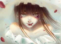 Rule 34 | 1girl, artist name, bare shoulders, blood, blood on face, blue eyes, brown hair, bruise, bruise on face, bruised eye, collarbone, frills, injury, long hair, looking at viewer, missing tooth, nosebleed, nuei, oyasumi punpun, parted lips, petals, realistic, runny nose, snot, solo, spoilers, tanaka aiko, tears, upper body