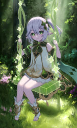 Rule 34 | 1girl, bracelet, closed mouth, commentary, cross-shaped pupils, dress, full body, genshin impact, green eyes, hair between eyes, hair ornament, highres, jewelry, leaf hair ornament, looking at viewer, mongkyung, nahida (genshin impact), nature, pointy ears, short hair, side ponytail, sitting, sleeveless, sleeveless dress, smile, solo, swing, symbol-shaped pupils, white dress, white footwear, white hair