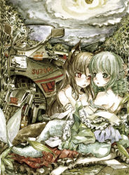 Rule 34 | 2girls, animal ears, bamboo, bamboo forest, bare shoulders, blue hair, brown hair, dress, drill hair, fins, forest, green eyes, head fins, highres, imaizumi kagerou, japanese clothes, kimono, long hair, long sleeves, master (4th), mermaid, monster girl, motor vehicle, motorcycle, multiple girls, nature, open mouth, painting (medium), product placement, red eyes, sash, short hair, touhou, traditional media, vehicle, wakasagihime, watercolor (medium), wide sleeves, wolf ears, yuri