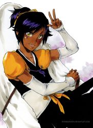 Rule 34 | 1boy, androgynous, arm up, artist name, black hair, bleach, dark-skinned male, dark skin, elbow gloves, gloves, hair ribbon, hair tie, hand up, happy, high ponytail, japanese clothes, long hair, looking at viewer, male focus, open mouth, ponytail, purple hair, ribbon, shihouin yuushirou, short hair, sideburn004, smile, solo, teeth, tongue, trap, v, w, yellow eyes, yellow ribbon