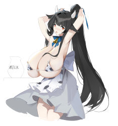 Rule 34 | 1girl, absurdres, adjusting hair, animal ears, animal print, apron, armpits, arms behind head, arms up, bell, bikini, bikini top only, black hair, blue ribbon, blush, bottle, breasts, choker, cleavage, cow ears, cow girl, cow horns, cow print, cowbell, dress, english text, frilled apron, frilled dress, frills, hair in own mouth, helic (7317helic), highres, horns, huge breasts, long hair, looking at viewer, maid, maid apron, micro bikini, milk bottle, mole, mole on breast, open mouth, original, ponytail, red eyes, ribbon, ribbon choker, simple background, skirt, solo, swimsuit, thighs, tying hair, very long hair, waist apron