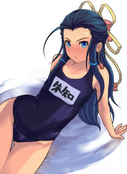 Rule 34 | 1boy, angry, black hair, blue eyes, blue hair, blush, crossdressing, earrings, flat chest, half updo, jewelry, long hair, male focus, matching hair/eyes, name tag, one-piece swimsuit, sangokushi taisen, school swimsuit, shoohee, solo, swimsuit, trap, white background, zhu zhi