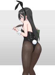 Rule 34 | 1girl, animal ears, ass, black hair, black leotard, black pantyhose, book, breasts, bunny day, commentary request, detached collar, from behind, geometrie, green eyes, kantai collection, leotard, long hair, looking at viewer, looking back, ooyodo (kancolle), pantyhose, playboy bunny, quill, rabbit ears, rabbit tail, semi-rimless eyewear, small breasts, solo, strapless, strapless leotard, tail, under-rim eyewear, wrist cuffs