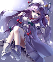 Rule 34 | 1girl, bad id, bad pixiv id, bare legs, boots, bow, breasts, crescent, dress, hair bow, hat, long hair, long sleeves, looking at viewer, medium breasts, patchouli knowledge, purple eyes, purple hair, solo, takemori shintarou, touhou
