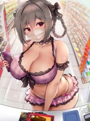 Rule 34 | 1girl, alternate breast size, arched back, bare shoulders, belly, bikini, bikini skirt, black ribbon, blurry, blurry background, braid, braided hair rings, breasts, buying condoms, collarbone, condom box, convenience store, daisufuumi, eyelashes, frilled bikini, frilled skirt, frills, green hair, hair ribbon, hair rings, highres, holding, holding phone, idolmaster, idolmaster cinderella girls, indoors, kanzaki ranko, large breasts, looking at viewer, mask, microskirt, mouth mask, navel, phone, pink eyes, pussy juice, raised eyebrows, remote control vibrator, ribbon, sex toy, shop, skirt, smartphone case, solo, standing, striped bikini, striped clothes, surgical mask, swimsuit, tareme, thighs, tile floor, tiles, vertical-striped bikini, vertical-striped clothes, vibrator, vibrator under clothes