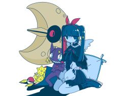 Rule 34 | 1girl, arms between legs, black capelet, black shirt, blue eyes, blue hair, blue ribbon, blunt bangs, bow, capelet, center frills, closed mouth, colored inner hair, creatures (company), dot mouth, frilled shirt, frills, full body, game freak, gen 3 pokemon, hair bow, hairband, highres, jitome, layered clothes, long hair, long sleeves, looking at viewer, lunatone, multicolored hair, neck ribbon, nintendo, no pupils, original, pillow, pokemon, pokemon (creature), red bow, red hair, red hairband, ribbon, sableye, shadow, shirt, sidelocks, simple background, sitting, sparkle, sskitaco, twintails, wariza, white background
