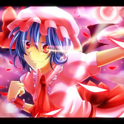 Rule 34 | 1girl, ascot, bad id, bad pixiv id, bat wings, blue hair, daradara1999, fang, female focus, hat, kuga huna, letterboxed, moon, outstretched arms, red eyes, red moon, remilia scarlet, short hair, skirt, smile, solo, touhou, wings, wrist cuffs