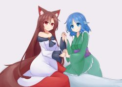 Rule 34 | 2girls, animal ears, blue eyes, blue hair, brooh, brown hair, closed mouth, commentary request, dress, drill hair, drill sidelocks, fins, frilled kimono, frills, green kimono, grey background, hashi2387, head fins, highres, holding hands, imaizumi kagerou, japanese clothes, kimono, long hair, long sleeves, looking at viewer, mermaid, monster girl, multiple girls, nail polish, off-shoulder dress, off shoulder, purple sash, red dress, red eyes, red nails, sash, short hair, sidelocks, simple background, smile, tail, touhou, two-tone dress, wakasagihime, white dress, wide sleeves, wolf ears, wolf tail