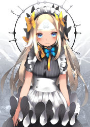 Rule 34 | 1girl, abigail williams (fate), alternate costume, apron, black bow, black shirt, black skirt, blonde hair, blue eyes, blush, bow, breasts, bug, butterfly, commentary request, crossed bandaids, dress shirt, enmaided, fate/grand order, fate (series), hair bow, highres, insect, key, long hair, maid, maid headdress, orange bow, parted bangs, parted lips, pleated skirt, shirt, skirt, slumcat, small breasts, solo, striped clothes, striped shirt, vertical-striped clothes, vertical-striped shirt, very long hair, waist apron, white apron