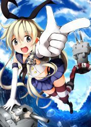 Rule 34 | 10s, 1girl, :3, :d, anchor, anchor hair ornament, bare shoulders, black neckerchief, blonde hair, blue skirt, blue sky, bobu (bovyo222), boots, bow, brown eyes, day, elbow gloves, foreshortening, gloves, hair bow, hair ornament, highres, kantai collection, lifebuoy, long hair, midriff, navel, neckerchief, ocean, open mouth, pleated skirt, pointing, rensouhou-chan, sailor collar, shimakaze (kancolle), skirt, sky, smile, solo, striped clothes, striped thighhighs, swim ring, thighhighs, waves, white gloves, zettai ryouiki, | |