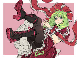 Rule 34 | 1girl, black footwear, black pantyhose, blush, boots, border, bow, cross-laced footwear, dress, frilled bow, frills, green eyes, green hair, grey panties, hair bow, high heel boots, high heels, kagiyama hina, knee boots, lace-up boots, long hair, looking at viewer, panties, panties under pantyhose, pantyhose, parted lips, pink background, puffy short sleeves, puffy sleeves, red dress, ruukii drift, shoe soles, short sleeves, simple background, solo, thighband pantyhose, touhou, underwear, white border