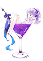 Rule 34 | 1girl, 54hao, bare arms, bare legs, barefoot, blue ribbon, cocktail, cocktail glass, cup, dress, drinking glass, closed eyes, highres, ice, in container, in cup, legs, long hair, original, parted lips, ponytail, purple hair, ribbon, short dress, sidelocks, sitting, sleeping, solo, toothpick, white dress