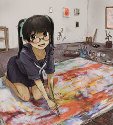 Rule 34 | 1girl, all fours, art brush, bad id, bad pixiv id, barefoot, blush, brown eyes, brown hair, glasses, nimirom, original, paint, paintbrush, painting (action), smile, solo, twintails