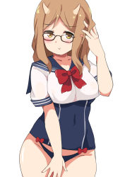 Rule 34 | 1girl, blush, brown eyes, brown hair, covering privates, covering crotch, crop top, glasses, groin, highres, horns, long hair, one-piece swimsuit, original, pout, school uniform, serafuku, shirt, solo, surio, swimsuit