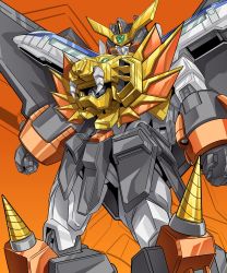 Rule 34 | absurdres, clenched hands, commentary, drill, english commentary, gao ex kaiser, gaogaigar, highres, looking down, mecha, no humans, orange background, orange eyes, robot, science fiction, solo, super robot, v-fin, yuusha ou gaogaigar, yuusha series