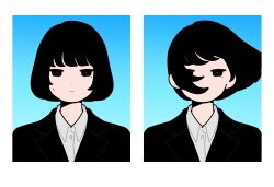 Rule 34 | 1girl, absurdres, black eyes, black hair, black jacket, blue background, bob cut, border, closed mouth, collared shirt, commentary request, expressionless, floating hair, frown, gradient background, gradient border, grey shirt, half-closed eyes, highres, id photo, jacket, looking at viewer, mole, mole on cheek, mole under eye, multiple views, no sclera, original, portrait, shirt, straight-on, tatamipi, white border
