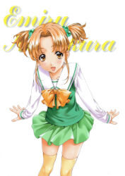 Rule 34 | 1990s (style), 1girl, absurdres, brown eyes, brown hair, character name, cursive, feet out of frame, green skirt, hair bobbles, hair ornament, highres, kai tomohisa, long sleeves, looking at viewer, miniskirt, nagakura emiru, non-web source, official art, open mouth, retro artstyle, sentimental graffiti, short twintails, simple background, skirt, solo, thighhighs, twintails, white background, yellow thighhighs, zettai ryouiki