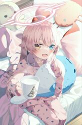 Rule 34 | 1girl, :d, ahoge, alternate costume, bed, blue archive, blue eyes, blush, cup, dot nose, hair between eyes, halo, heterochromia, highres, holding, holding cup, hoshino (blue archive), hugging object, indoors, kanzi, legs together, looking at viewer, on bed, open mouth, outstretched arm, pajamas, pink pajamas, sidelocks, sitting, smile, solo, stuffed animal, stuffed toy, stuffed whale, yellow eyes