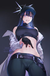 Rule 34 | 1girl, angry, bare shoulders, black gloves, black hair, black pants, blue archive, cameltoe, clenched teeth, commentary request, covered erect nipples, cowboy shot, from below, glint, gloves, halterneck, highres, jacket, long hair, looking at viewer, looking down, midriff, navel, navel fetish, navel focus, navel spread, off shoulder, open clothes, open jacket, pants, purple eyes, saori (blue archive), solo, spread navel, teeth, thighs, twitter username, udaruyo, v, v-shaped eyebrows, white jacket
