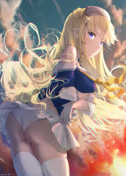 Rule 34 | 1girl, blonde hair, blue shirt, breasts, cleavage, commentary request, double bun, fletcher (kancolle), from behind, gluteal fold, gradient sky, hair bun, highres, kantai collection, large breasts, long hair, looking back, mmk, neckerchief, off shoulder, panties, pleated skirt, purple eyes, sailor collar, school uniform, serafuku, shirt, skirt, sky, solo, standing, sun, sunrise, thighhighs, underwear, white panties, white sailor collar, white skirt, white thighhighs, yellow neckerchief