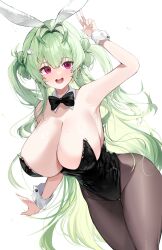 Rule 34 | 1girl, absurdres, animal ears, black bow, black bowtie, black leotard, blush, bow, bowtie, breasts, detached collar, fake animal ears, goddess of victory: nikke, green hair, highres, huge breasts, leotard, long hair, looking at viewer, mindoll, mole, open mouth, pantyhose, playboy bunny, purple eyes, rabbit ears, smile, soda (nikke), soda (twinkling bunny) (nikke), solo, white background, wrist cuffs