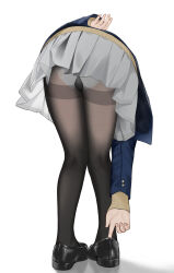 Rule 34 | 1girl, adjusting footwear, arm behind back, ass, bent over, black footwear, black pantyhose, blazer, blue jacket, chinese commentary, commentary, fingernails, frilled panties, frills, from behind, frontbend, grey skirt, highres, jacket, legs, legs together, loafers, long sleeves, lower body, miniskirt, original, panties, panties under pantyhose, pantyhose, pantyshot, pleated skirt, qumai79, school uniform, shoes, simple background, skirt, sleeves past wrists, solo, thighband pantyhose, thighs, underwear, upskirt, white background, white panties