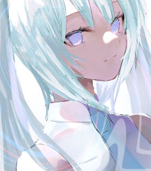 Rule 34 | 1girl, absurdres, bad id, bad pixiv id, bare shoulders, blue eyes, blue hair, blue necktie, closed mouth, collared shirt, commentary request, hatsune miku, highres, long hair, looking at viewer, necktie, poono, shirt, simple background, sleeveless, sleeveless shirt, solo, twintails, upper body, vocaloid, white background, white shirt