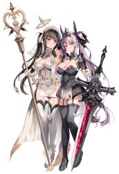 2girls absurdres armor armored_dress bare_shoulders black_gloves black_shrug black_thighhighs blush breasts brown_hair closed_mouth crystal dress frills full_body garter_straps gloves hair_ornament hairclip halo hand_on_another&#039;s_hip headdress heart heart_hair_ornament highres holding holding_staff holding_sword holding_weapon huge_weapon large_breasts long_hair long_sleeves looking_at_viewer mole mole_under_eye multiple_girls original parted_lips pink_eyes purple_hair revision sabaton see-through_clothes short_dress shoulder_armor shrug_(clothing) sidelocks simple_background staff standing sword thighhighs torn_clothes train_(clothing) twintails very_long_hair weapon white_background white_thighhighs yellow_halo zerocat zeru_(zerocat)