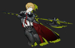 Rule 34 | 1boy, axe, belt, black belt, black coat, black gloves, black pants, blonde hair, closed mouth, coat, collared shirt, gloves, halberd, highres, holding, holding axe, limbus company, long sleeves, looking to the side, male focus, necktie, nishikujic, pants, polearm, project moon, red necktie, shirt, sinclair (project moon), solo, suspenders, weapon, white shirt, yellow eyes