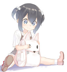 Rule 34 | 1girl, aged down, animal bag, black hair, blue eyes, blush, brown dress, cat bag, closed mouth, commentary request, dress, hair between eyes, highres, mary janes, hugging object, original, pink footwear, shirt, shoes, short sleeves, short twintails, sidelocks, sitting, sleeveless, sleeveless dress, smile, socks, solo, spread legs, twintails, white background, white shirt, white socks, yuki arare