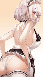 Rule 34 | 1girl, absurdres, ass, azur lane, backless dress, backless outfit, blush, breasts, dress, dutch angle, from behind, gradient background, hand on own hip, hands on own hips, highres, large breasts, looking at viewer, looking back, maid, maid headdress, nevin (flyskying), panties, red eyes, sirius (azur lane), solo, thighhighs, underwear, upskirt, white hair, white thighhighs