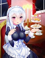 Rule 34 | 1girl, 47agdragon, :d, absurdres, albino, apron, black dress, blush, bow, breasts, burning, cake stand, candle, candlestand, candy, cover image, cowboy shot, cup, curtains, dress, female focus, fingernails, fire, food, frilled apron, frills, hair between eyes, hand on own chest, hands up, highres, impossible clothes, impossible dress, indoors, juliet sleeves, kyuuketsuki maid-san wa amayaka shitai, long hair, long sleeves, looking at viewer, macaron, maid, maid apron, maid headdress, medium breasts, neck ribbon, night, novel illustration, official art, open mouth, puffy sleeves, red eyes, red ribbon, ribbon, sandwich, saucer, smile, solo, straight hair, table, teacup, teapot, textless version, tiered tray, very long hair, white apron, white bow, white hair, window