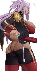Rule 34 | 1girl, absurdres, ahoge, aqua eyes, ass, backless panties, boots, breasts, bursting breasts, butt crack, closed mouth, cowboy shot, dark-skinned female, dark skin, dragonaut, epaulettes, from side, garnet mclane, highres, holding, holding sword, holding weapon, katana, large breasts, lips, long hair, military uniform, nail polish, panties, profile, purple hair, red footwear, red lips, red nails, simple background, smile, solo, standing, sword, thigh boots, thong, underwear, uniform, weapon, white background, yoshio (55level)