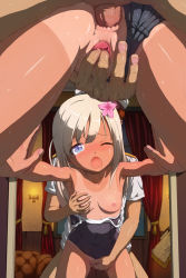 Rule 34 | 10s, 1boy, 1girl, admiral (kancolle), anal, anus, bent over, blonde hair, blue eyes, blush, bottomless, grabbing another&#039;s breast, breasts, clothes pull, clothing aside, collarbone, doggystyle, falsify, fingering, flower, from behind, grabbing, hair flower, hair ornament, hetero, highres, kantai collection, mirror, nipples, one-piece swimsuit pull, one eye closed, open mouth, penis, pussy, pussy juice, reach-around, reflection, ro-500 (kancolle), school swimsuit, sex, sex from behind, shiny skin, small breasts, swimsuit, swimsuit aside, tan, tanline, third-party edit, uncensored, vaginal, wince