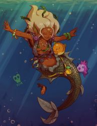 Rule 34 | 1girl, ^ ^, blonde hair, blue background, breasts, closed eyes, colored skin, commentary, dark-skinned female, dark skin, english commentary, fins, fish, full body, head fins, joakim sandberg, long hair, mermaid, monster girl, navel, original, puffer fish, red skin, scales, small breasts, solo, solo focus, underwater